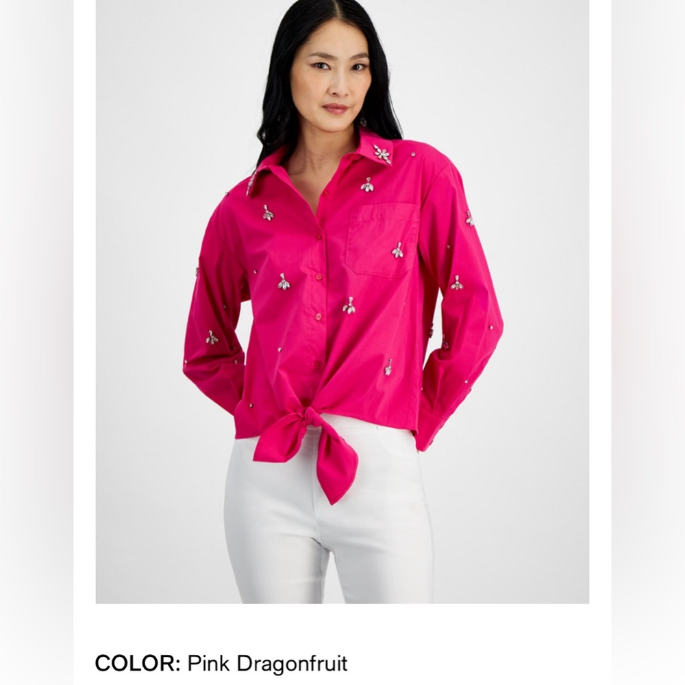 NWT- long sleeve dark pink blouse, button up with rhinestone. I.N.C. brand